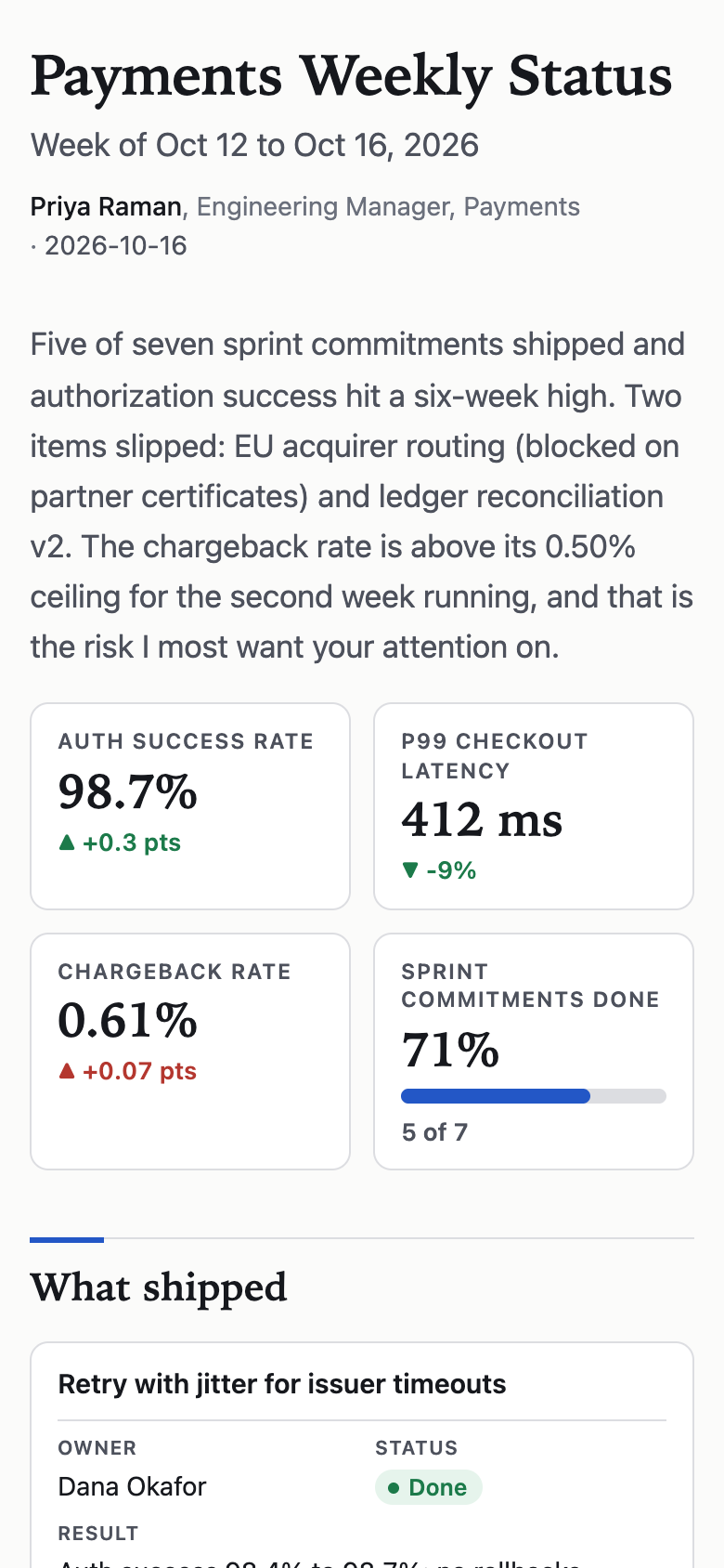 The same page at phone width: the metric tiles stacked in one column.